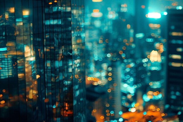 Photo bokeh background in city and night skyscrapers in blurry night blurry photo cityscape background