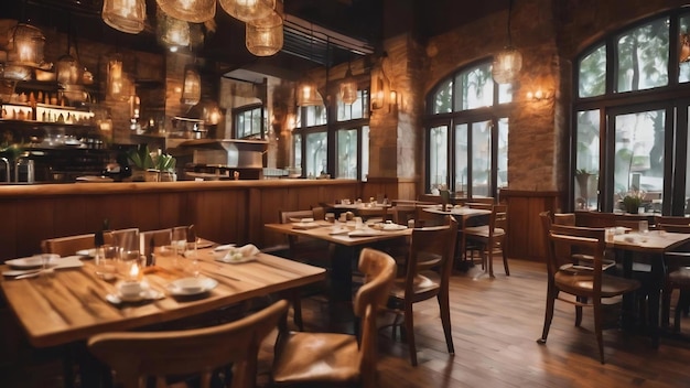 Bokeh background of restaurant with wooden chairs