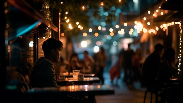 Bokeh background of Street Bar beer restaurant outdoor in asia People sit chill out and hang out dinner and listen to music together in Avenue Happy life work hard play hard Generative AI