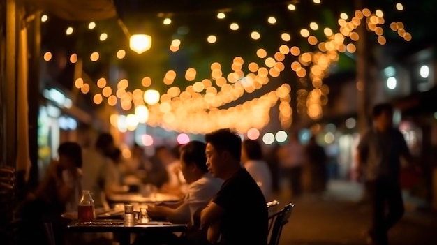 Bokeh background of Street Bar beer restaurant outdoor in asia People sit chill out and hang out dinner and listen to music together in Avenue Happy life work hard play hard Generative AI