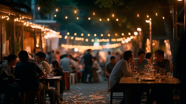 아시아 야외 스트리트 바 맥주 레스토랑의 보케 배경 사람들은 애비뉴에서 함께 앉아서 저녁을 먹고 함께 음악을 듣습니다.