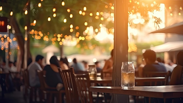 Bokeh background of Street Bar beer restaurant outdoor in asia People sit chill out and hang out dinner and listen to music together in Avenue Happy life work hard play hard