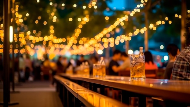 Боке фон уличного бара пивной ресторан на открытом воздухе Люди сидят, отдыхают, тусуются, ужинают и вместе слушают музыку на проспекте Генеративная иллюстрация AI