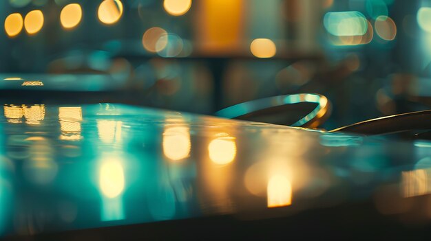 Bokeh background of table in restaurant Selective focus on reflection in the glass Generative AI