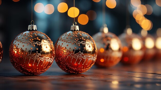 Bokeh garland glow closeup of christmas tree ornaments