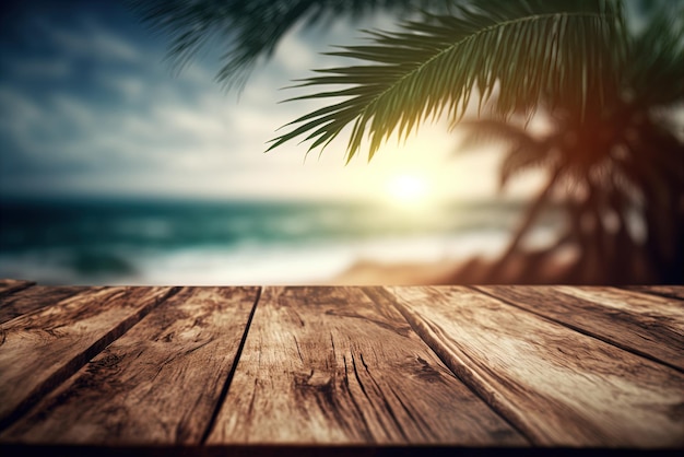 Bokeh-licht van de zee en de hemel van een tropisch strand rust op een houten tafel