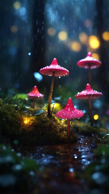 Bokeh light macro shot of rainy summer midnight colorful natural amazing fairy mushroom forest