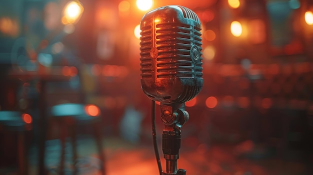 Bokeh light and retro microphone on stage