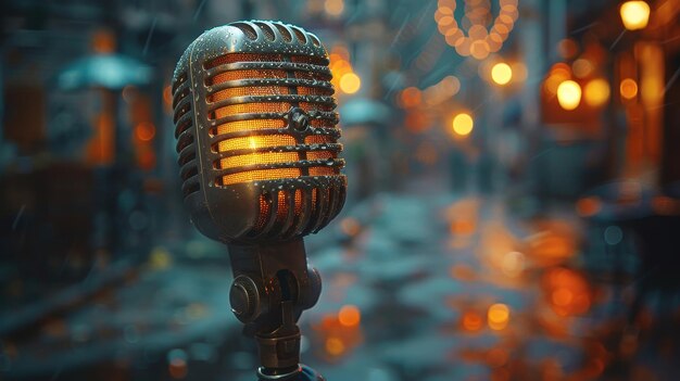 Bokeh light and retro microphone on stage