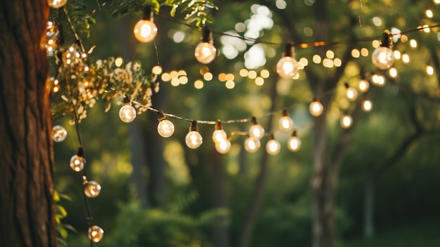 Bokeh lights art Rustic style save the dateElegant outdoor party template garland Generative Ai