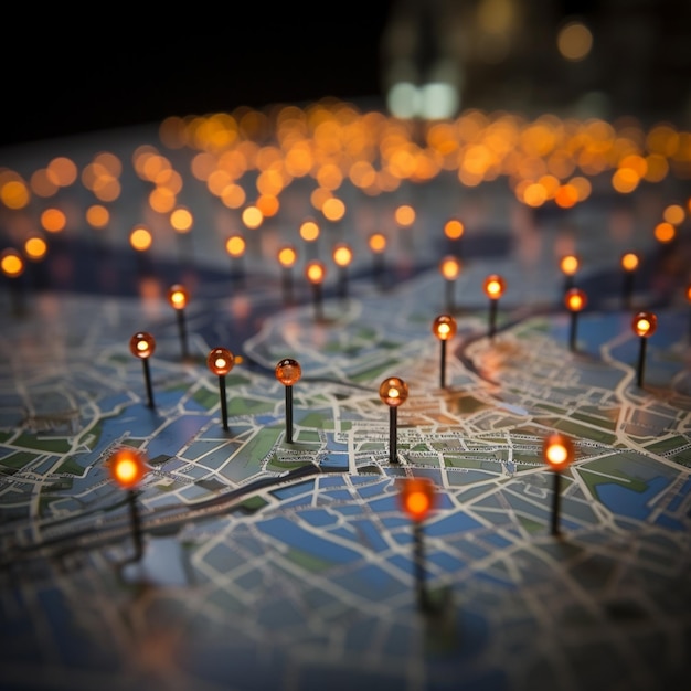 Bokeh lights on a map marking locations in Paris For Social Media Post Size