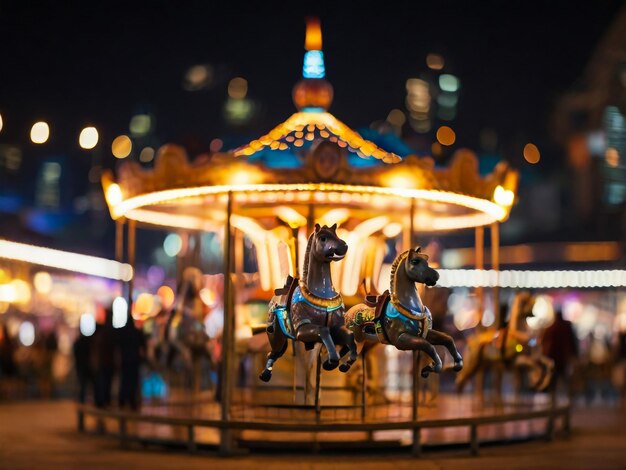 bokeh of merry go round at night