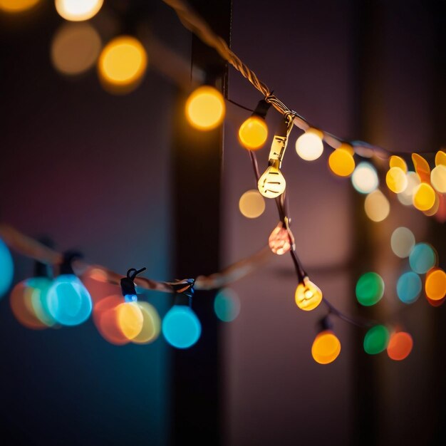 Photo bokeh and retro string lights in festive background