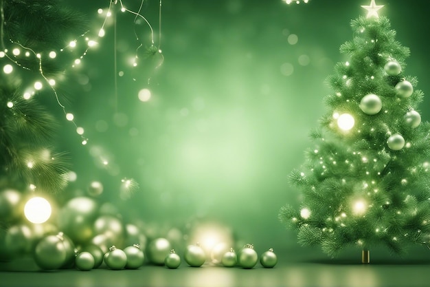 Bokeh spring lights green with christmas decorated tree and wooden background