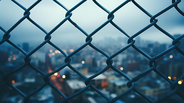 Bokeh van een nachtelijke stad door een beschadigd draadnet hek