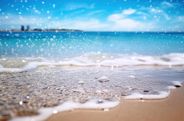 Bokeh water on sandy beach photo abstract blurred in the style of realistic blue skies