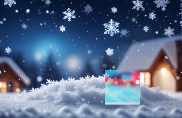 Bokeh with white snow and snowflakes on a blue background