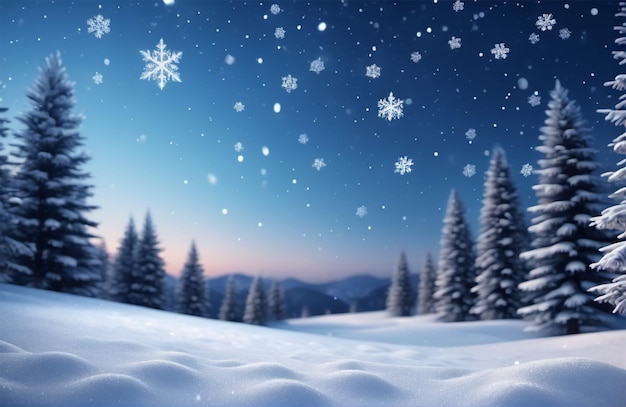 Bokeh with white snow and snowflakes on a blue background