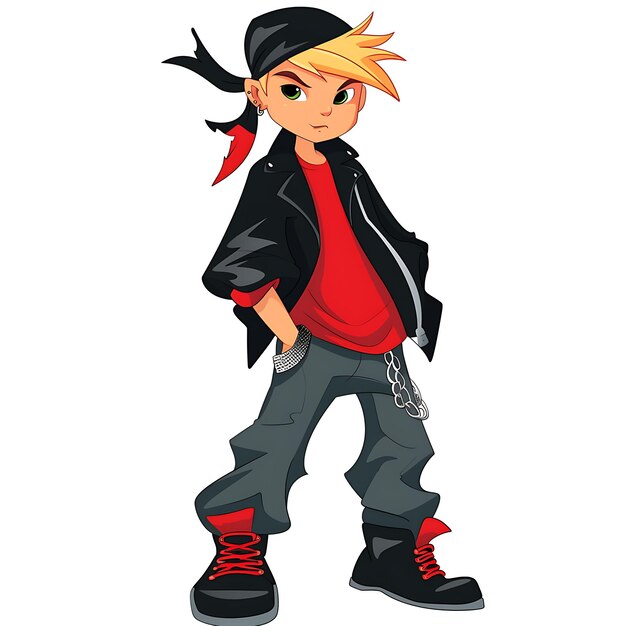 Photo bold 11 year old boy in a rockstar inspired look with a leat fashion clothes design concept anime