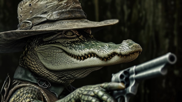 Photo a bold alligator in a stylish hat brandishing a gun with a confident pose