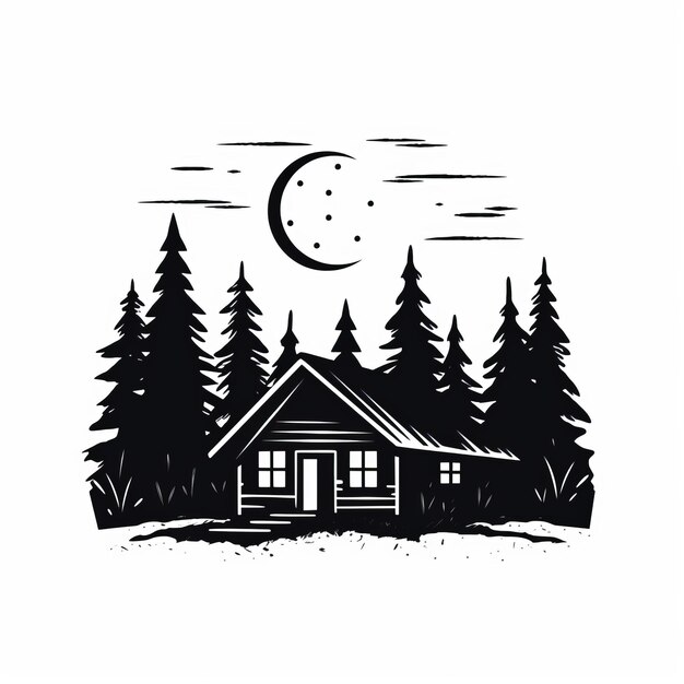 Foto bold black and white cabin illustration charming logo style art (illustrazione a grassetto e bianco della cabina)