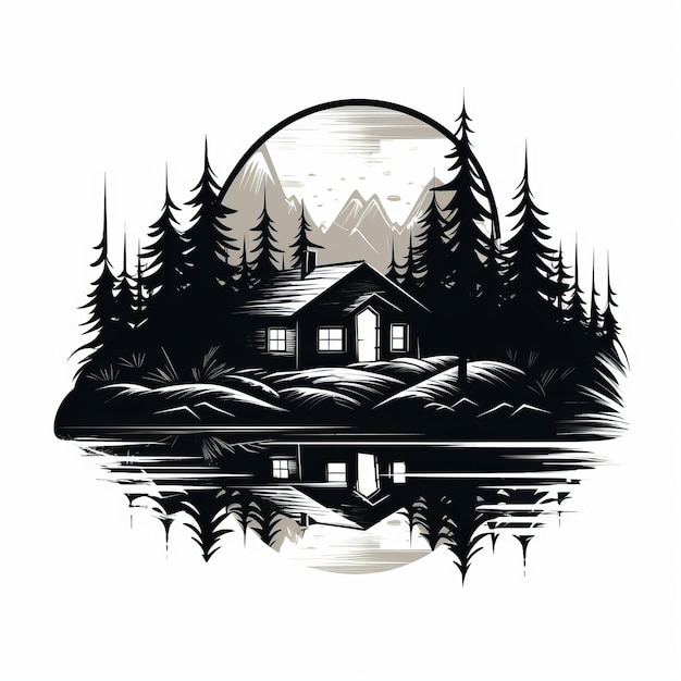 Photo bold black and white cabin in the woods graphic logo style vector art