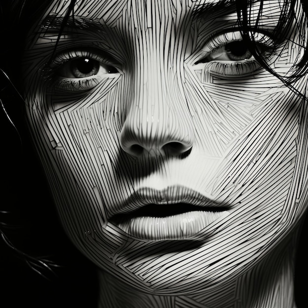 複雑な線と強烈な目線を持つ大胆な黒と白の肖像画