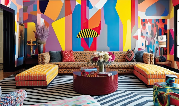 Photo bold and bright mixed media living room created using generative ai tools