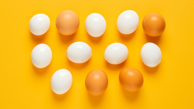 Смелый цвет, блокирующий белые и коричневые яйца Flatlay на желтом фоне
