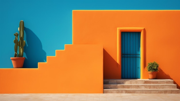 Bold And Colorful Door With Cactus A Cinematic Blend Of Bauhaus And Mexican Style