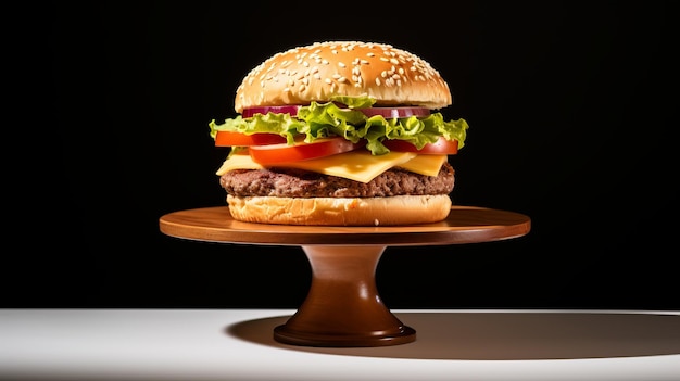 Bold And Colorful Hamburger On Wooden Stand National Geographic Style