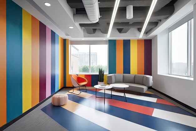 Bold colors and stripes set the tone for a modern office space created with generative ai