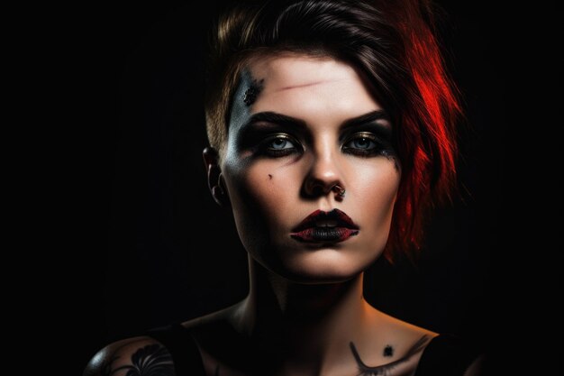 Bold and confident woman with striking makeup in a dramatic and edgy portrait