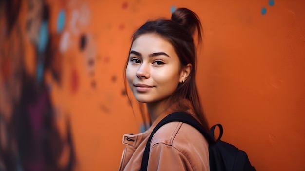 Bold contrast college student stands out against the stunning backdrop of the wall