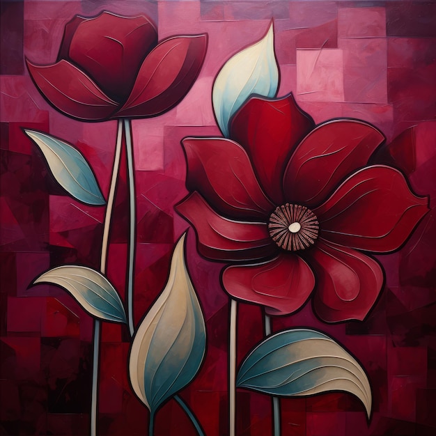 Photo bold cubism red flower painting by gondo tonalist paintings with chicano art influence