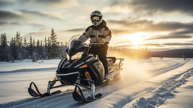 Photo bold and dynamic snowmobile adventure at sunrise