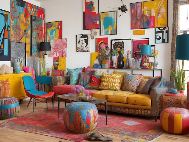 bold and eclectic living room filled with a mix of vintage and modern furniture vibrant colors