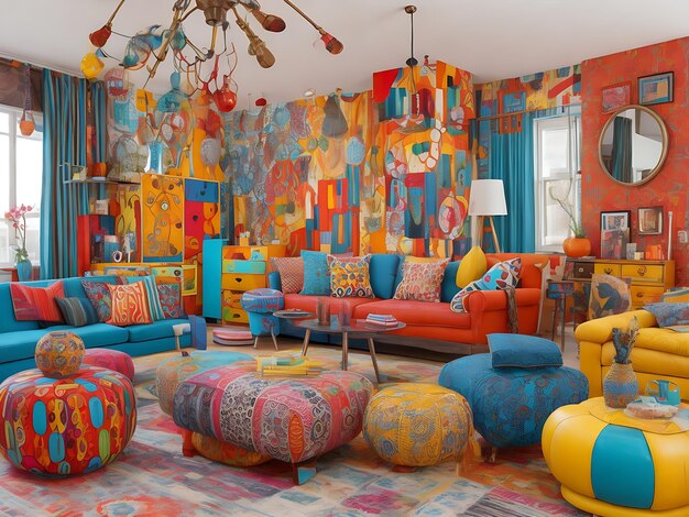 bold and eclectic living room filled with a mix of vintage and modern furniture vibrant colors