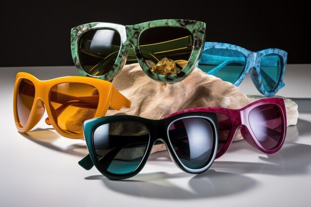 Bold and eclectic sunglasses collection with different shapes and colors created with generative ai