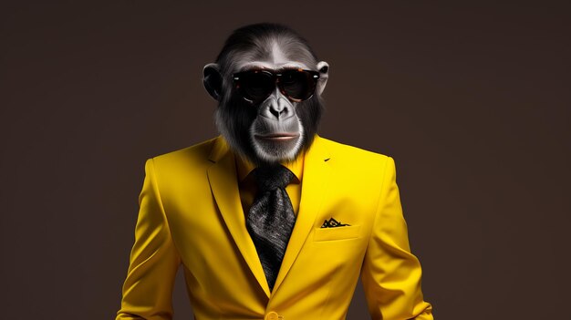 Photo bold and elegantly formal monkey in yellow suit and sunglasses