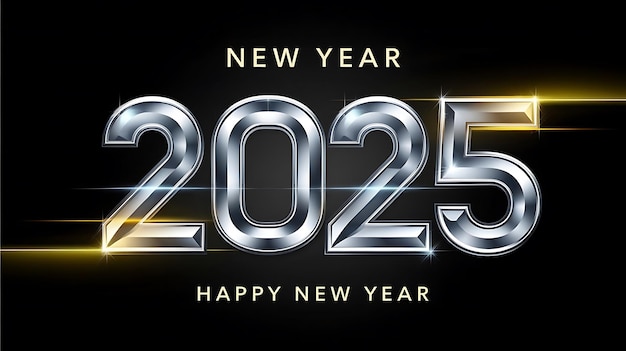 Bold Futuristic New Year 2025 Design met Metallic Silver Neon Glow Typography en Vibrant Lighting