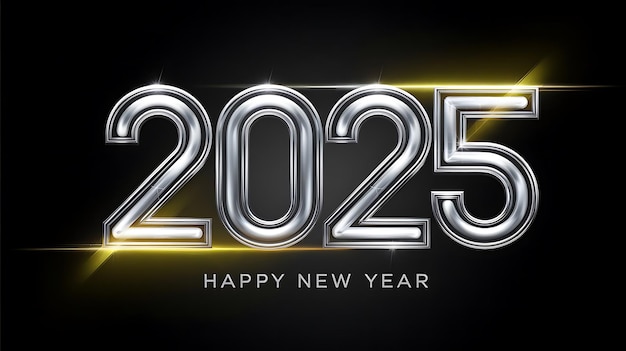 Bold Futuristic New Year 2025 Design met Metallic Silver Neon Glow Typography en Vibrant Lighting