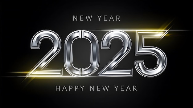 Bold Futuristic New Year 2025 Design met Metallic Silver Neon Glow Typography en Vibrant Lighting