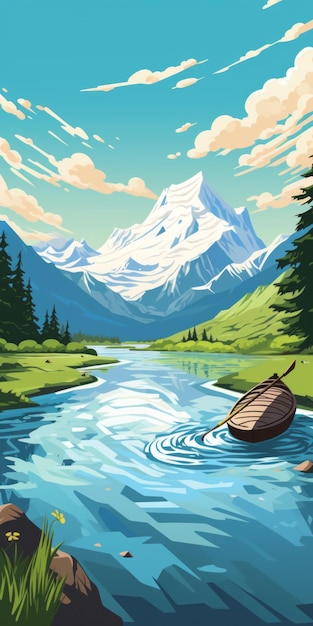 Bold Graphic Illustration Of A Mountain Landscape With Raft On River