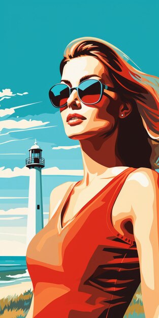 Bold Graphic Style Lighthouse And Woman With Sunglasses In Montauk New York