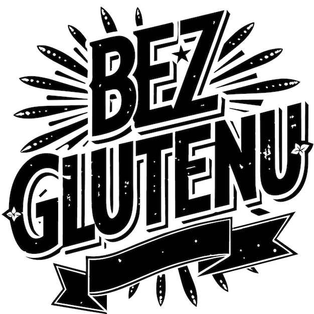 A bold graphic text reads BEZ GLUTENU stylized with a retro feel featuring stars and a banner