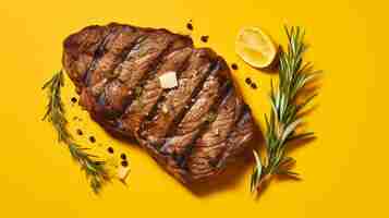 Photo bold grilled beef steak flatlay on yellow background