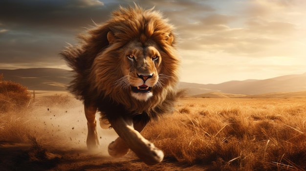 Смелый и гиперреалистичный лев бежит по равнинам при заходе солнца