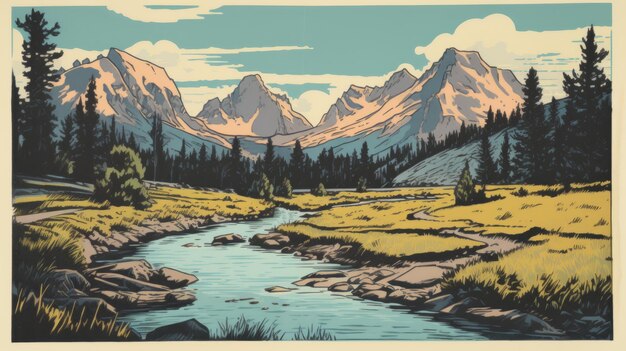 Bold Lithographic Art Inspired By Montana Mountains And Whistlerian Style