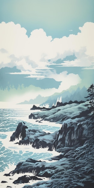 Смелая литографическая картина скал и деревьев у океана